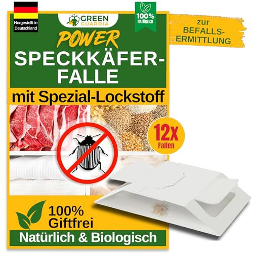 GREEN GUARDIA Speckkäfer Falle mit Spezial-Lockstoff - 12x Speckkäfer Fallen - umweltfreundlich Speckkäfer bekämpfen, Chemiefreie Falle mit starker Klebefläche, giftfrei & geruchsneutral