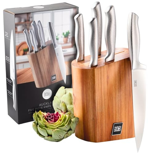 Auckland Knife Set with Block – 5-Piece Kitchen Knives with Sharp Stainless Steel Blades and Hammered Grip Handle. Carving, Bread, Chef, Utility, Paring Knife for Cutting Meat, Vegetable, Fruit