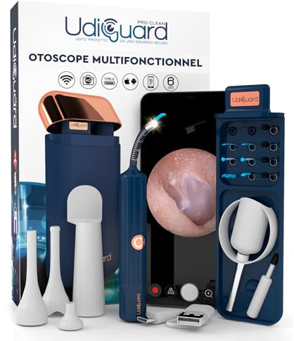 Otoscopio Limpiador de Oídos con Cámara HD 10MP WiFi Endoscopio Digital Flexible UdiGuard Pro-Clean Eliminación de Cerumen - Kit Otorrinolaringología con Pinzas y Puntas Reemplazables Adultos y Niños