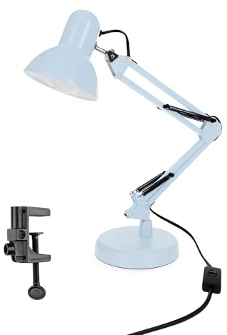 EDO Retro Schreibtischlampe Kinder mit Klemmbar, Nachttischleuchte mit Gelenk-Arm, Arbeitsplatzlampe Blau PIXI E27 aus Stahl, Schreibtisch-Leuchte mit Flexible Klemme Schwarzer auf Desk Lamp