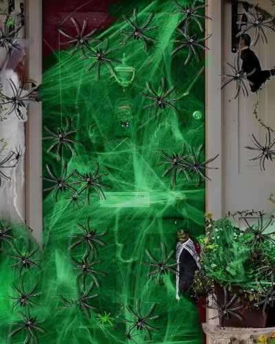 MOPZIJA 200g tela de araña halloween,telarañas halloween, Fluorescencia Telaraña Decor con 20 Arañas Falsas Adicionales, Súper Elásticas Telarañas Accesorios de Casa Embrujada En Halloween