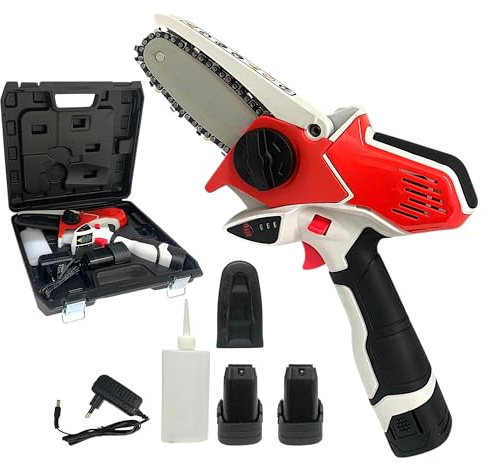 Mini Motosega con Doppia Batteria 18V 1.3Ah Potatore con Lama da 4 Pollici 10cm Motosega Elettrica per il Taglio del Legno e Giardini
