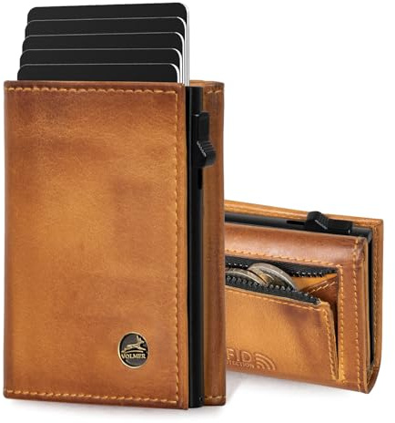 Fa.Volmer Étui pour Cartes Pop-up avec Compartiment à Monnaie en Cuir véritable pour Homme et Femme | 11 Cartes | Protection RFID (Cognac, Petit Compartiment à Monnaie)