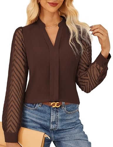 GRACE KARIN Femme Business Élégant V-Coupe Hauts Dentelle Manches Transparentes Bureau Blouse Brun Café XXL