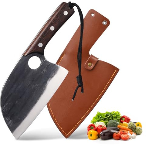 Fubinaty Chef's Knife 7 Inch Japanese Style Full Tang Kitchen Knife Handmade Forged High Carbon Steel Home and Outdoor Cooking Knife with Leather Sheath and Wooden Handle