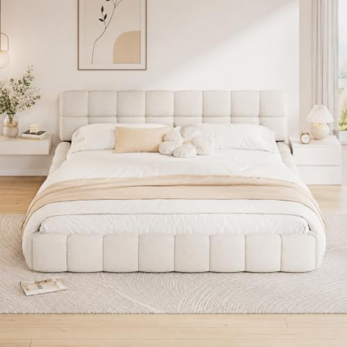 Lit Double capitonné 140 x 190 cm avec tête de lit en Lin, sommier à Lattes en Bois et Cadre en métal, Dossier Moelleux, Matelas Non Inclus