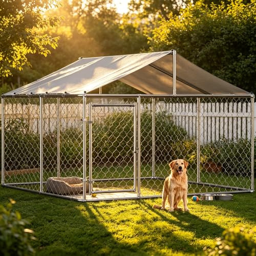 Outdoor Hundezwinger Mit Dach 230x230x117 cm Schwerlast Hundegehege Aus Verzinktem Stahlrohr Mit Verriegelbarer Sicherheitstür UV Beständiger Wasserdichter Abdeckplane Für Garten Terrasse Hof