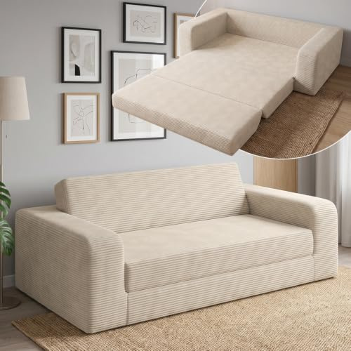 skølm Laga Schlafsofa 186x135 cm, 2-Sitzer, Cord Beige, mit Armlehnen | Ausklappbare Schlafcouch, Klappsofa mit Schlaffunktion als Gästebett, Vollschaumsofa, vakuumverpackt, für Wohn-/Gästezimmer