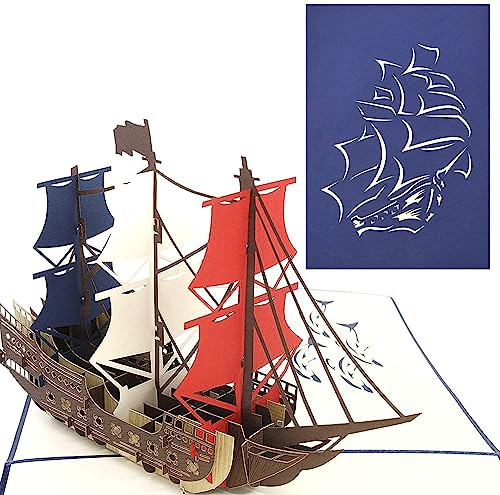 PopLife Man O'War-Schiff PopUp-Karte für alle Anlässe - Geburtstag, Abschluß, Glückwünsche, Ruhestand, Jubiläumsgeschenk, Vatertag - Bootsfahrer, Piraten, Meeresliebhaber - Flach gefaltet für Mailing