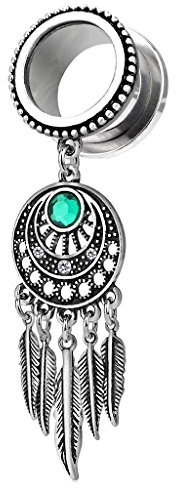Piercingfaktor Flesh Tunnel Ohr Piercing Plug Ohrpiercing Ear Edelstahl Vintage mit Traumfänger Feder Anhänger Strass Kristall Türkis Silber