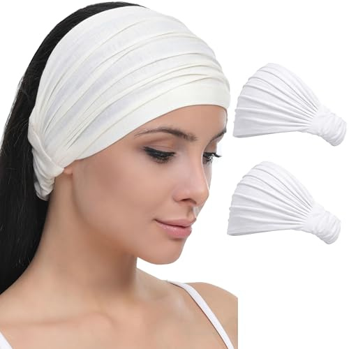 Deresina 2pc Bandeaux Extensibles Extra Larges en Bambou, Bandeau Unisexe Pour le Maquillage, le Sport et la Perte Partielle de Cheveux (Blanc - Taille Unique)