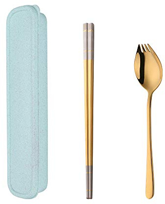Do Buy Bärbart bestickset med fodral ätpinnar 3 i 1 gaffel (sked gaffel kniv) set presentförpackning 18/10 rostfritt stål (guld)