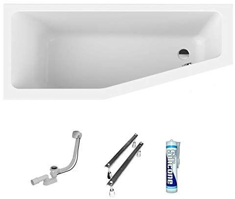 ECOLAM® raumsparende Badewanne Eckwanne Acryl weiß Keos 160x70 cm LINKS + Ablaufgarnitur Ab- und Überlauf Automatik Füße Silikon mit Antirutsch-Oberfläche