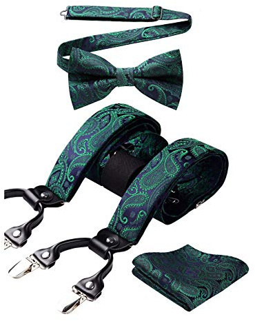 HISDERN Tirantes Hombres Paisley Verde en Forma de Y con 6 Clips Conjunto de Tirante y Pajaritas Ajustables para Hombre