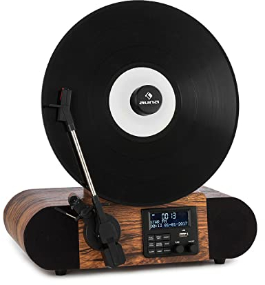 auna Verticalo Retro Plattenspieler mit Lautsprecher, Schallplattenspieler mit Bluetooth, DAB+ Radio mit Plattenspieler, Vinyl Player USB, vertikalem Plattenteller, Vertikal Vinyl Turntable
