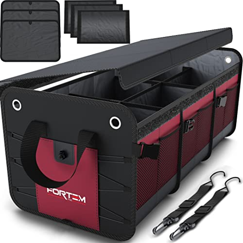 FORTEM Car Boot Organiser, SUV Boot Tidy, Trunk Storage, Collapsible Multi Compartment Car Organiser, Non Slip Bottom, Adjustable Securing Straps, Foldable Cover (90L)