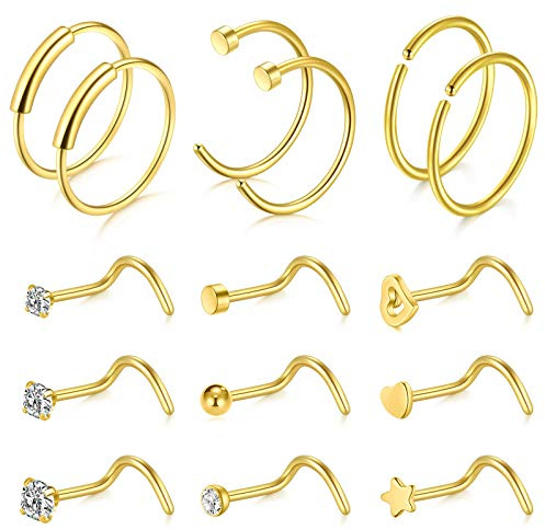 VFUN 15 Stück 20G Chirurgenstahl Nasenpiercing Nase Spirale Ringe Fake Lippenpiercing Damen Herren Schmuck (15 Stück-Gold)