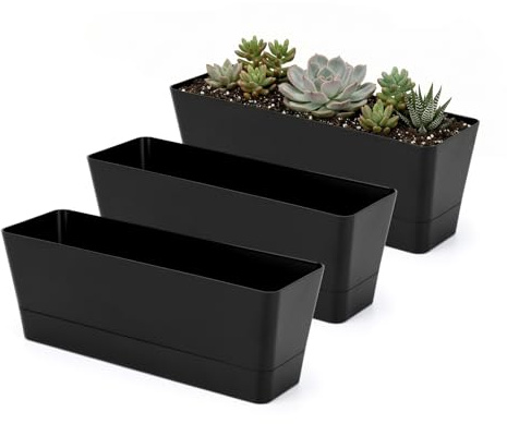 GREANER Blumenkästen, rechteckig, 3 Stück, 30,5 x 9,5 cm, Kräuter-Pflanzgefäße mit Tablett, für Innen, Sukkulenten, Kakteen, Minze, Kunststoff-Topf Fensterbank, Garten, Balkon, Büro, Außendekoration