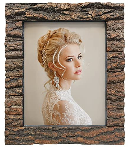 IKEREE 8x10 Rustic Wood Picture Frame with Real Bark，Solid Wood High Definition Glass,Tabletop or Wall Mounting for Farmhouse Decor.