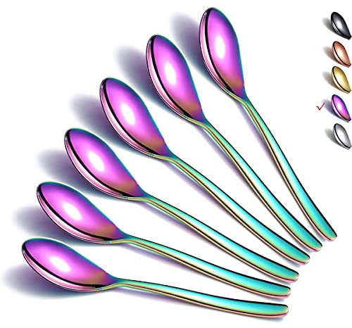 Cucharillas de té de arco iris, 6 cucharas de cubiertos, cucharas pequeñas de acero inoxidable, cucharas de té para el hogar, cocina o restaurante, apto para lavavajillas (6.6 pulgadas)