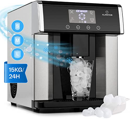 Klarstein Eiszeit Máquina de Hielo Plata – Acero inox, depósito 3 L, 15 kg/24 h, hielo en 12 min, ~12 cubitos/ciclo en 3 tamaños | Pantalla táctil, alarma cubeta llena y falta de agua