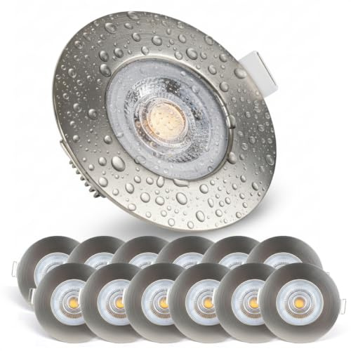 EMOS LED Einbaustrahler 230V 4.9W, 380lm | Einbaustrahler wasserdicht IP44 für Außen und Innen | LED Spots Deckenleuchte 3000K warmweiß, Set mit 12 Stück Deckenspots LED rund, Farbe Silber/Nickel