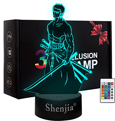 Shenjia 3D LED ONE PIECE Nachtlicht Charakter Commodity Lampe für Kinderzimmer Home Room Dekoration Buntes Nachtlicht Geschenk für Fans Merch (16 Farben, Roronoa Zoro-A)…