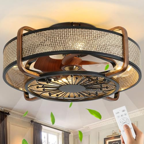 TRUYOK Rattan Deckenventilator mit Beleuchtung E27 Boho Deckenleuchte mit Ventilator und Fernbedienung Eisen Käfig Vintage Industrial Deckenlampe für Schlafzimmer Wohnzimmer Esszimmer Küche Fan Licht