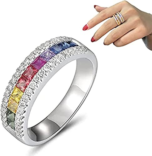 AILYFIRMO Diakiane Regenbogen-Turmalin-Ring, Trendiger offener Regenbogen-Zirkonia-Ring, Kristall-Quarz-Ring, Ewigkeits-Regenbogen-Ring (Silver)