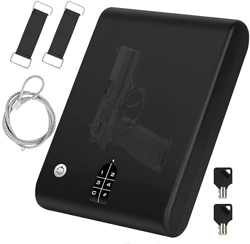 QIANMEI gun safe gun box Portable Gun Safe With LED Light，Quick-Access Pistol Safe With Digital Keypad Traditional Key Lock, Handgun Safe Gun Lock Box For Home Car Bedside Nightstand, Safety Security