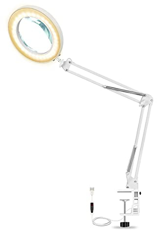 5-fache Lupe Mit Licht Und Klemme, Schreibtischlampe Mit Schwenkarm aus Metall, Stufenloses Dimmen, 3 Farbmodi, Speicherfunktion, LED-beleuchtete Lupenleuchte Zum Lesen, Basteln, Arbeiten