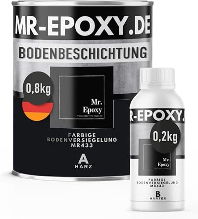 Mr. Epoxy Epoxidharz Bodenbeschichtung (1 kg, RAL 9005 Tiefschwarz) - 2K Betonfarbe für Garagen, Keller & Werkstatt Boden - Flüssigkunststoff Epoxid Grundierung und Bodenversiegelung