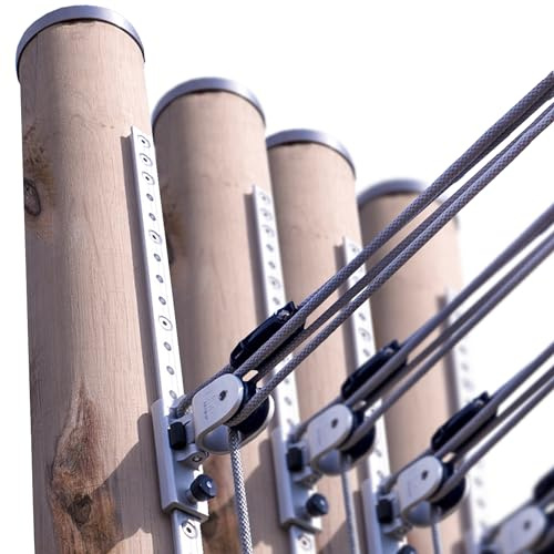 Sonnensegel Holzpfosten Set: aus Robinie höhenverstellbar 3m, inkl. Zubehör - 4-Fach Flaschenzug-Set & 0,75m Bodenhülse | Befestigung für sehr große Segel (100mm) (4er Set)