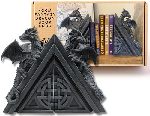 Dragon Bookends Set | Castles and Dragons Book Ends | Gothic Home Decor | 40cm Dragon Book Nook Book Ends for Shelves | Highly Detailed Fantasy Gothic Decor | Resin Dragon Bookends for Shelves