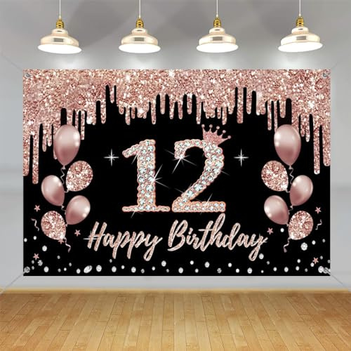 12 Geburtstag Dekorationen für Mädchen - Party Dekoration Schwarz und Roségold, Stoffschild Hängende Poster, Hintergrund Banner, Willkommensschild