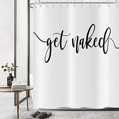 Hnmdmyi Duschvorhang Weiß 120x200, Schwarz Art Font Words Get Naked Duschvorhänge Funny Quotes Schöne und Coole Badewanne Vorhang Wasserdicht Polyester Stoff Waschbar Badevorhang mit Haken