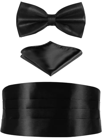 AOKWAWALIY Herren Kummerbund und Fliege, Set, Einstecktuch, Fliege, schwarz, formale Satin-Fliege und Kummerbund-Set, Herrenanzug-Zubehör für Business, Hochzeit, Party, Bankett, Schwarz , 38