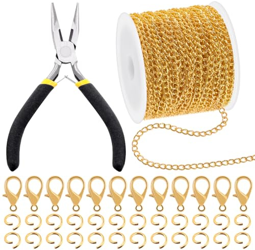 Mardatt 102 Stück Schmuck machen Ketten Kit, 10 Yards Halskette Ketten Schmuck Ketten mit 50 Open Jump Rings, 50 Lobster Clasps, Chain Nose Pliers für Schmuck machen-Gold