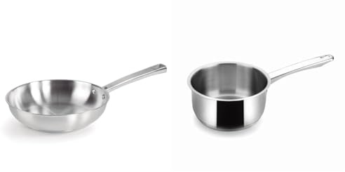 LACOR - 45420 - Sartén Foodie, Sartén Sin Antiadherente, Compatible con todo tipo de Cocina, Ecológica, Fondo Termo Difusor, Acero Inoxidable, 20 cm, Gris & 32216 - Cazo Recto Basic 16 cm Inox
