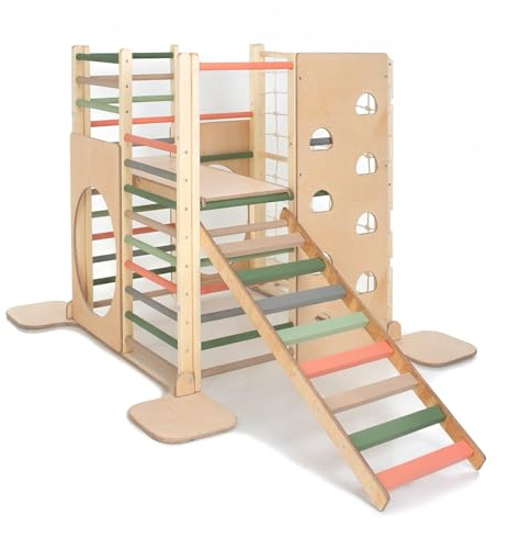 HOMEforDREAMS Wooden Montessori Inspired Square Climbing Tower for Toddlers: Foldable Indoor Playground with Accessory Boards (Forest Dream, with Inner Board and Running Board)
