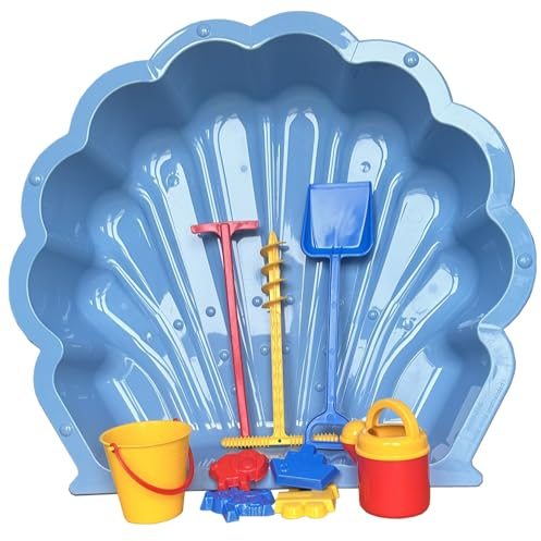 Sabbia o acqua a forma di conchiglia, blu abbinato, con trapano, molo, rastrello, stampi e secchio, 10 pezzi