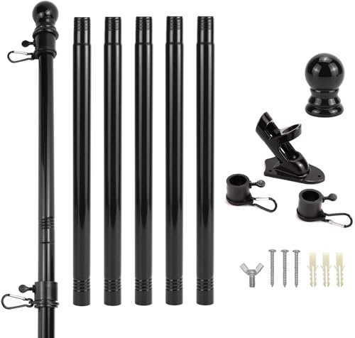 QWORK® Kit de Mastil Bandera Rxteriores - Asta de Bandera de Metal 180 cm con Soporte de Pared, Cabezal Acodado y Anillos Giratorios - Suspensión de 45°/90° - Longitud Ajustable