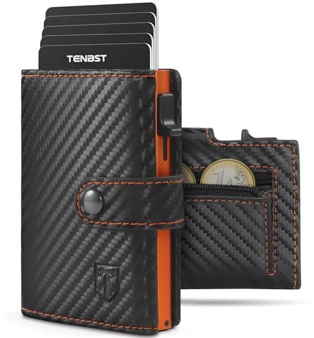 TENBST Geldbörse Herren mit Münzfach & RFID Schutz, Slim Wallet Kartenetui für 10 Kreditkarten, Portmonee Geldbeutel Herren, Kreditkartenetui Klein - S(Orange- schwarz)