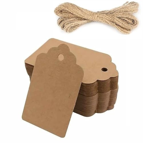 TECHZOCO Etiquetas de Papel Kraft, Etiquetas de Regalo, etiquetas con Cuerda de Yute para Manualidades, Etiqueta Kraft navidad, Diseño rectangulares, 9 x 4 cm, Incluye cuerda, 100 unidades