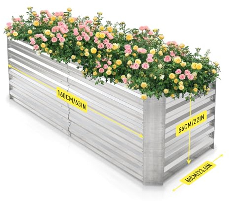 Jardineer upphöjda sängar för trädgård med galvaniserat stål – 160 x 60 x 56 cm hållbar metallplanterare för grönsaker, örter och blommor utomhus (design med öppen bas, enkel montering, kraftig)