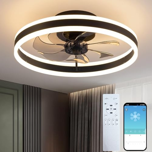 40CM Smart Ceiling Fan with Lights & Remote – Fully Assembled, 4000lm 3-Colour Dimmable, 1020 RPM 6-Speed Reversible Quiet Ceiling Fans, Modern Flush Mount LED Fan Light for Bedroom Living Room Black