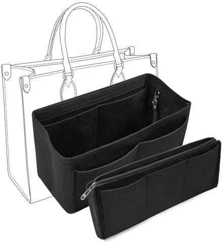 Kolamom Taschenorganizer Filz Große Handtaschen Organizer für Frauen Tote Bag, Multi-Pocket Taschen Organizer Shopper mit Abnehmbare Reißverschluss-Tasche, Schlüsselkette, Schwarz