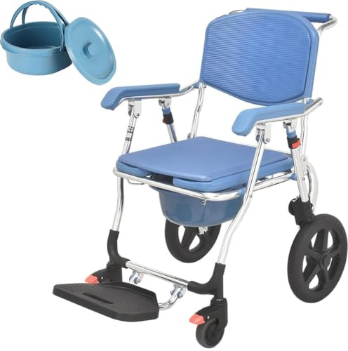 ZHNANDAMAI Faltbarer Dusch-Toilettenrollstuhl, Toilettenstuhl für Senioren mit Rollen, Blau Dusch Toilettenstuhl Fahrbar mit Urineimer, Tragfähigkeit 150 kg für Patienten Senioren Behinderte