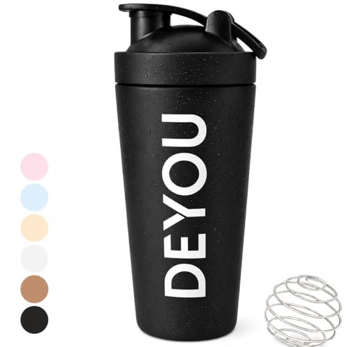 DEYOU Edelstahl Shaker 750ml – Protein Shaker mit Sieb & Edelstahl Kugel – Auslaufsicher, BPA-frei, Spülmaschinenfest – Fitness Flasche für Proteinpulver, Eiweißshake & Sportgetränke (schwarz)