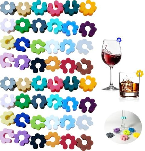 YYUEZHI 48 Pièces Marque-Verre Silicone Forme Fleur, Marqueur Verre À Vin, Tasse, Champagne, Cocktail, Réutilisables, Charms Pour Verre À Boire (24 Coloris)